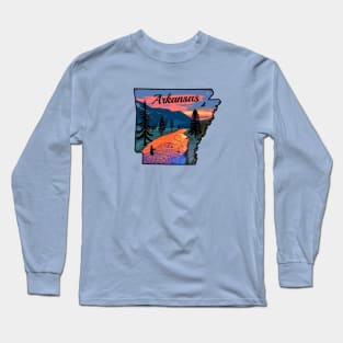 Fly Fishing Arkansas State Map Mountain Sunset River Retro Long Sleeve T-Shirt